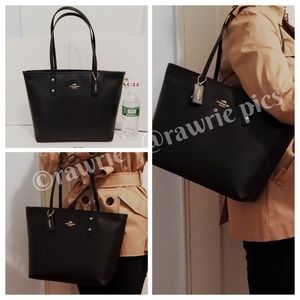 Coach black leather zip tote
